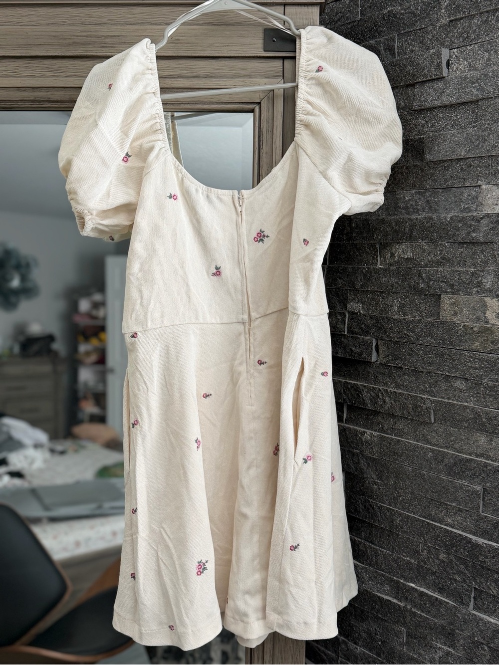 Francesca's Collections Cream Mini Dress with Pink Floral Embroidery